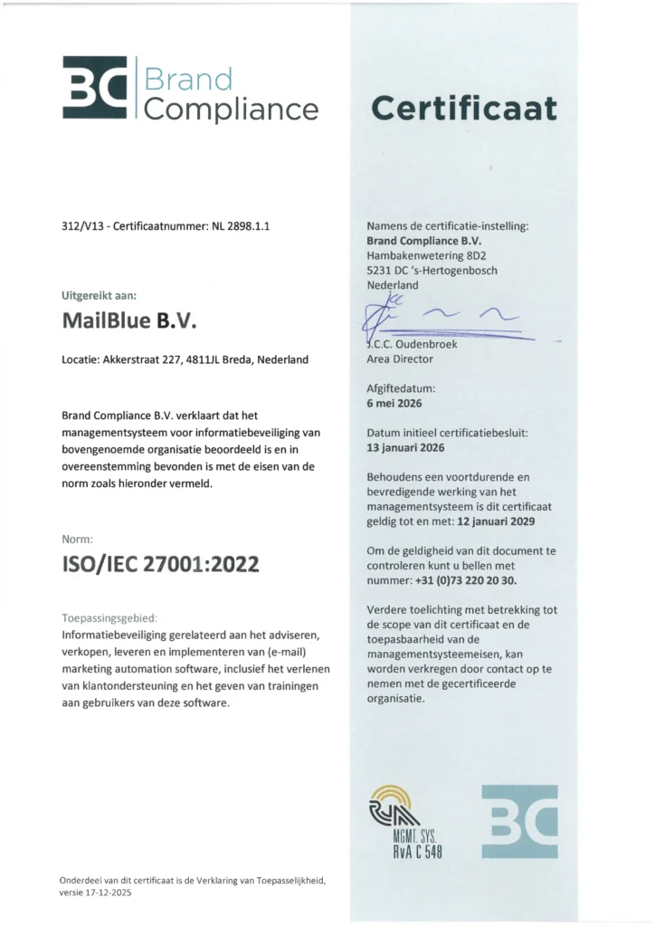 Screenshot certificering MailBlue B.V. - ISO 27001 - nieuw adres