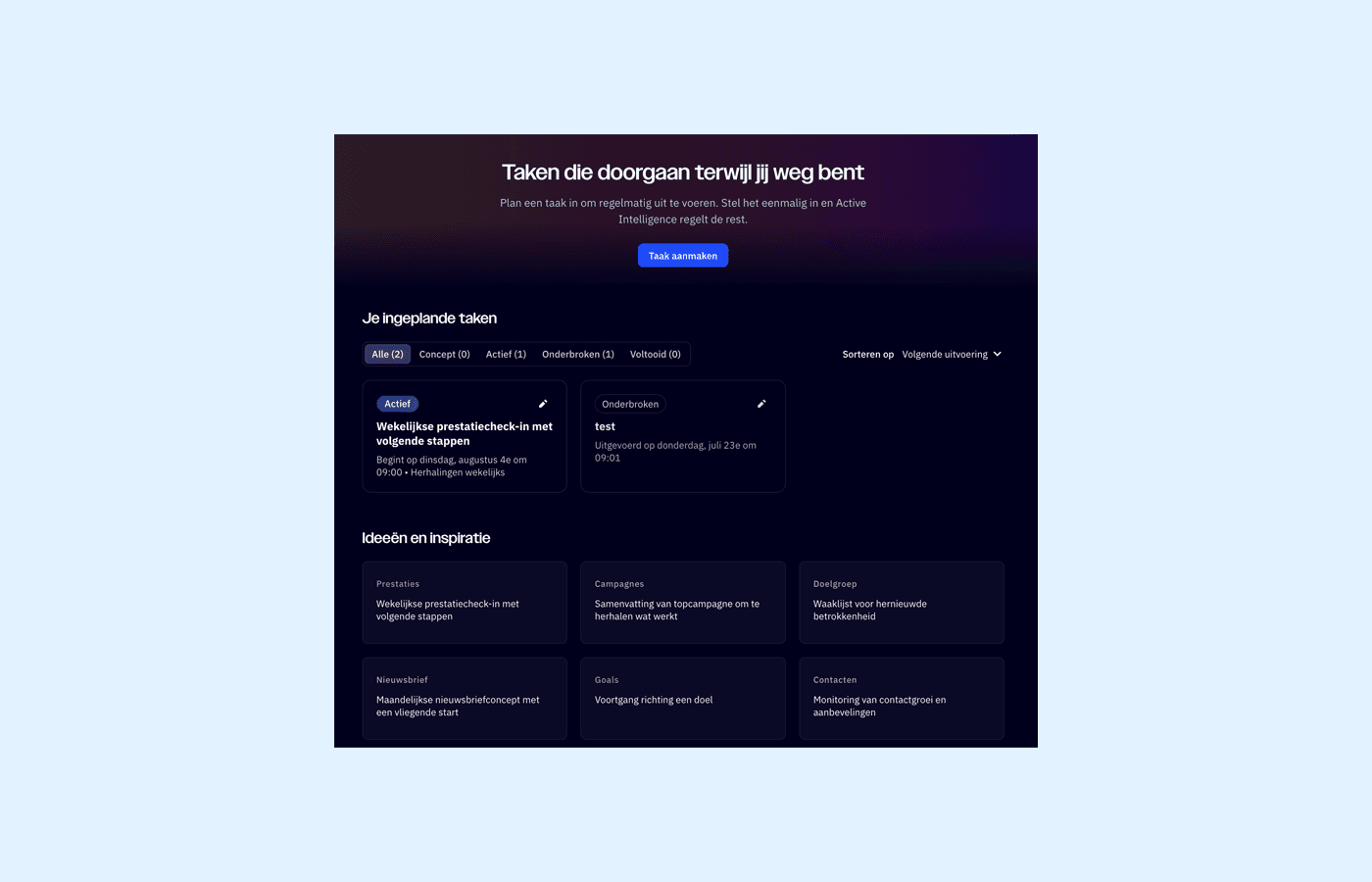 Hero Updates - Ingeplande taken Active Intelligence